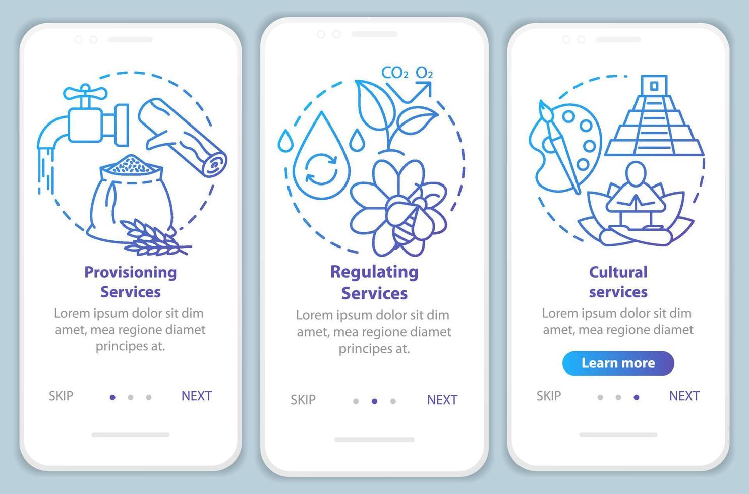 ecosysteemdiensten blauw onboarding mobiel app-paginascherm met lineaire concepten. ondersteunende en culturele dienst walkthrough stappen grafische instructies. ux, ui, gui vectorsjabloon met illustraties vector