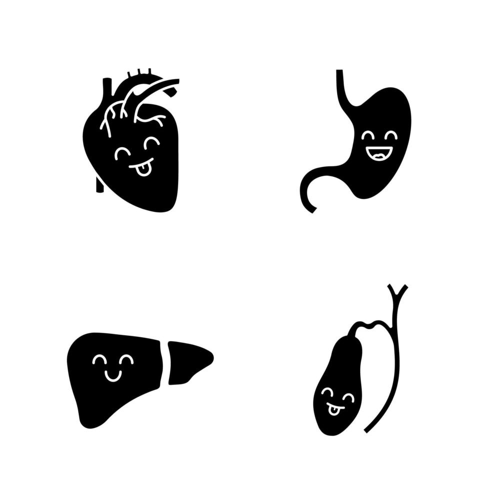 lachende menselijke inwendige organen glyph iconen set. gelukkig hart, maag, lever, galblaas. gezonde cardiovasculaire en spijsverteringssystemen. silhouet symbolen. vector geïsoleerde illustratie