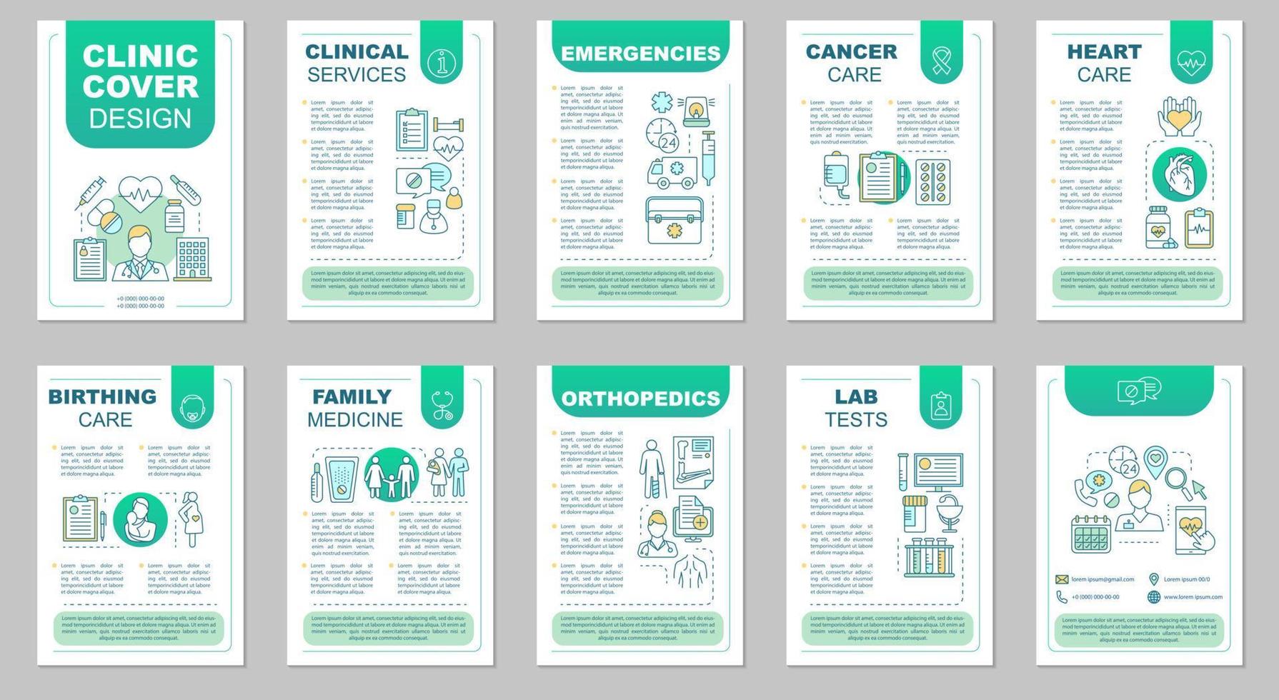 kliniek brochure sjabloon lay-out. geneeskunde en gezondheidszorg. flyer, boekje, folder printontwerp met lineaire illustraties. vectorpaginalay-outs voor tijdschriften, jaarverslagen, reclameposters vector