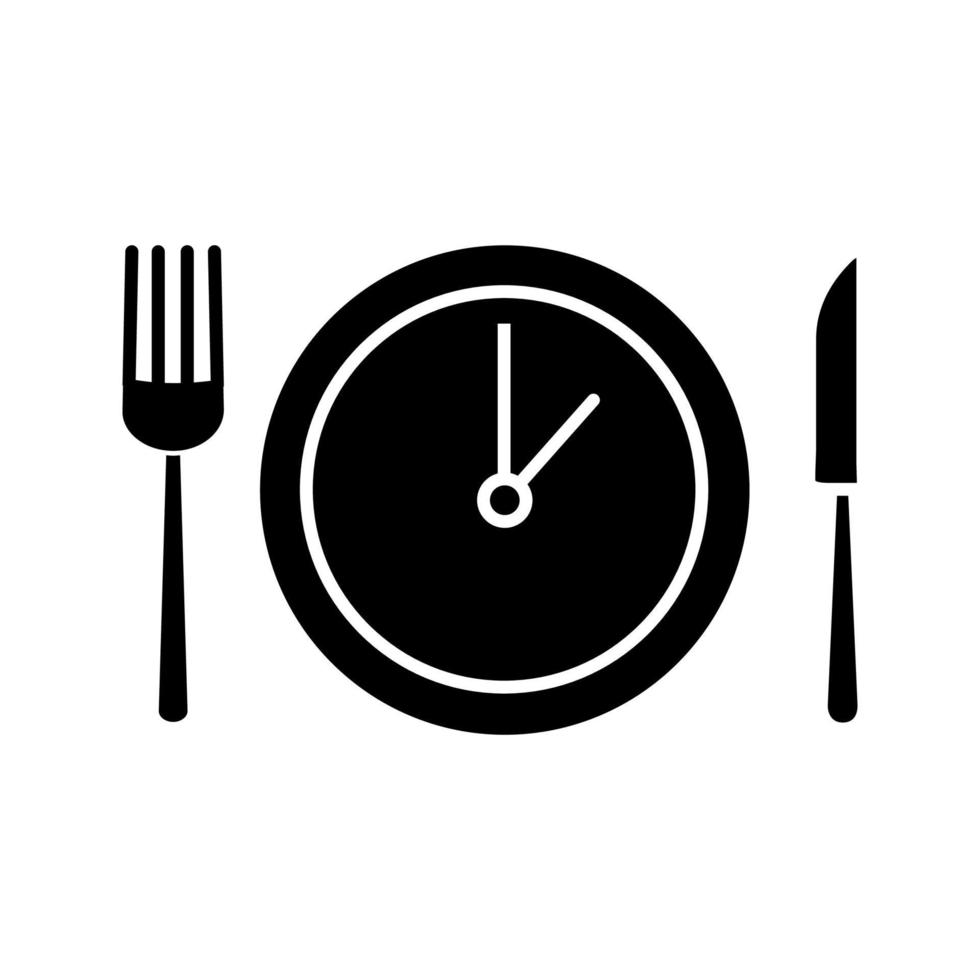lunchtijd glyph icoon. diner pauze. middag zakelijke bijeenkomst. timing en duur van de zakenlunch. tafelmes, vork en bord met klok erin. silhouet symbool. negatieve ruimte vector