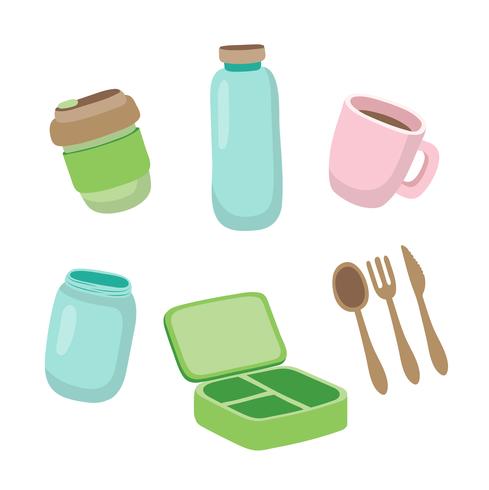 Set van ecologische items - herbruikbare koffiekop, glazen pot, houten bestek, lunchbox. Geen afvalconcept. vector