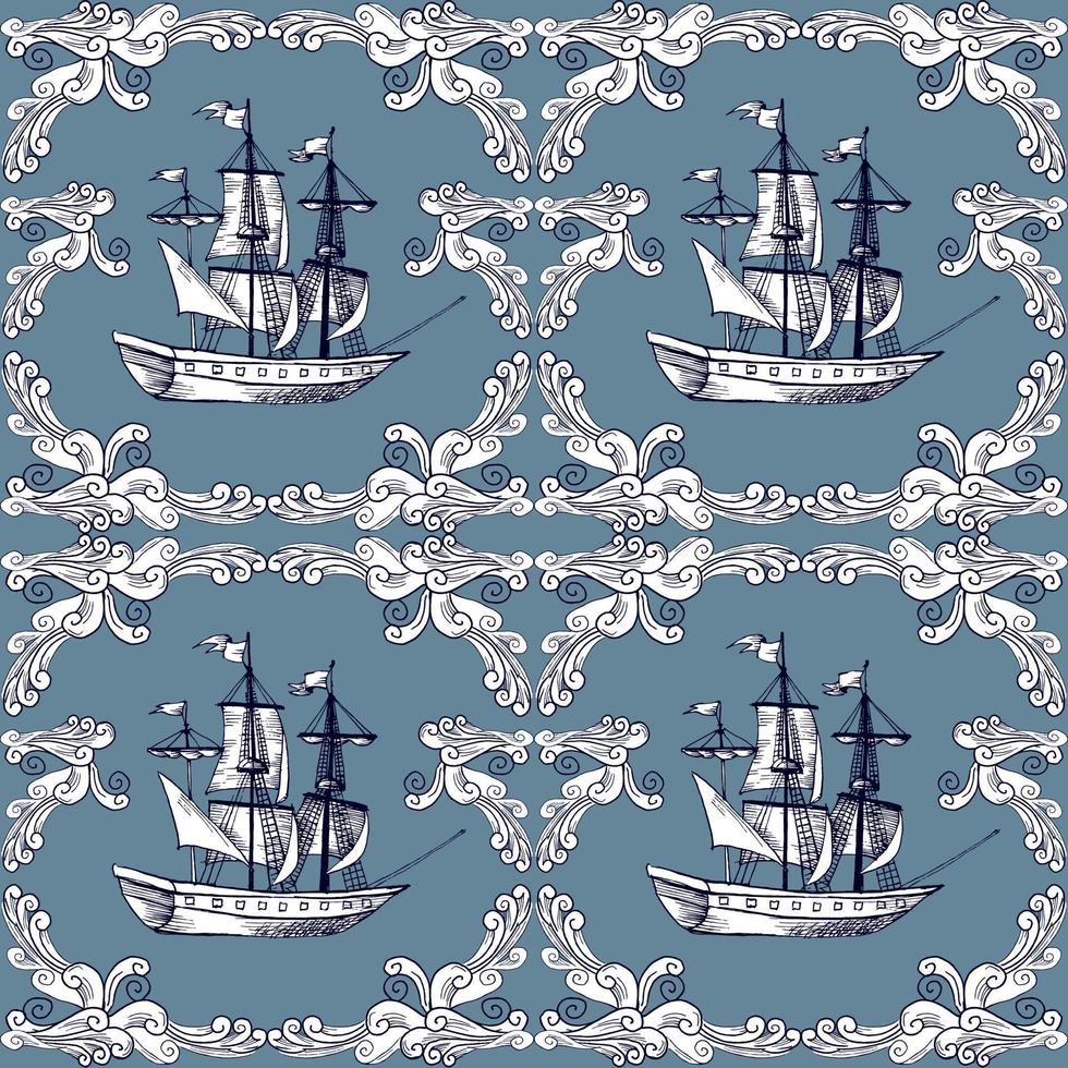 naadloos patroon met schepen in lichtblauwe kleuren vector