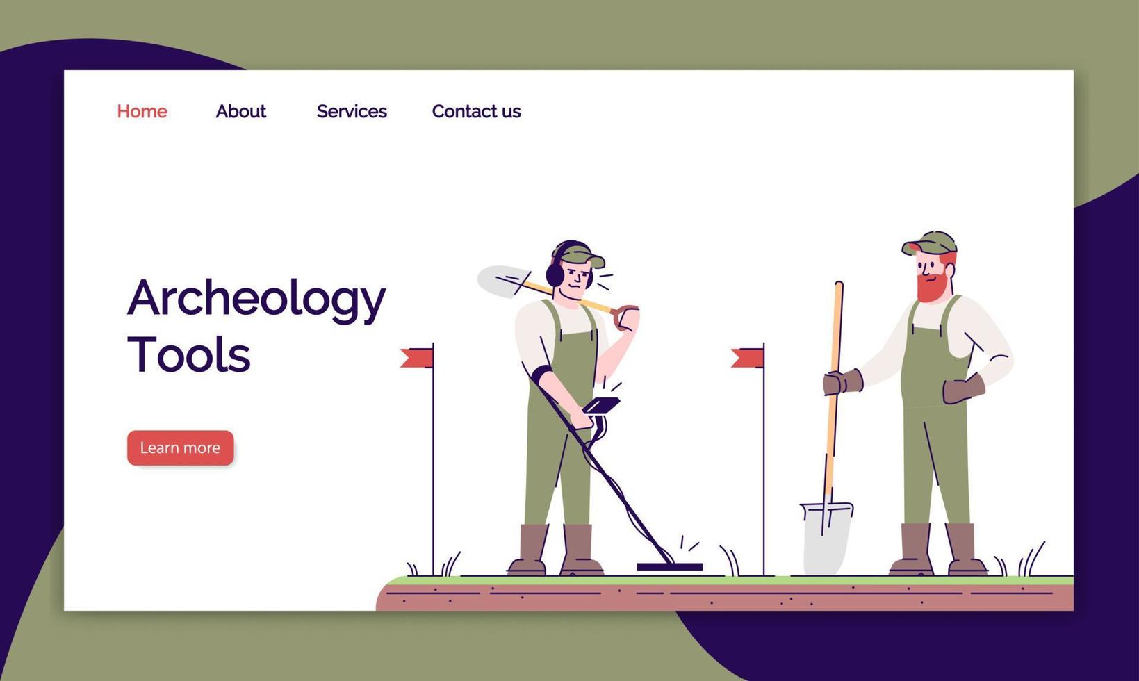 archeologie tools bestemmingspagina vector sjabloon. veldonderzoek website-interface idee met platte illustraties. lay-out van de startpagina van historisch onderzoek. schat zoeken webbanner, webpagina cartoon concept