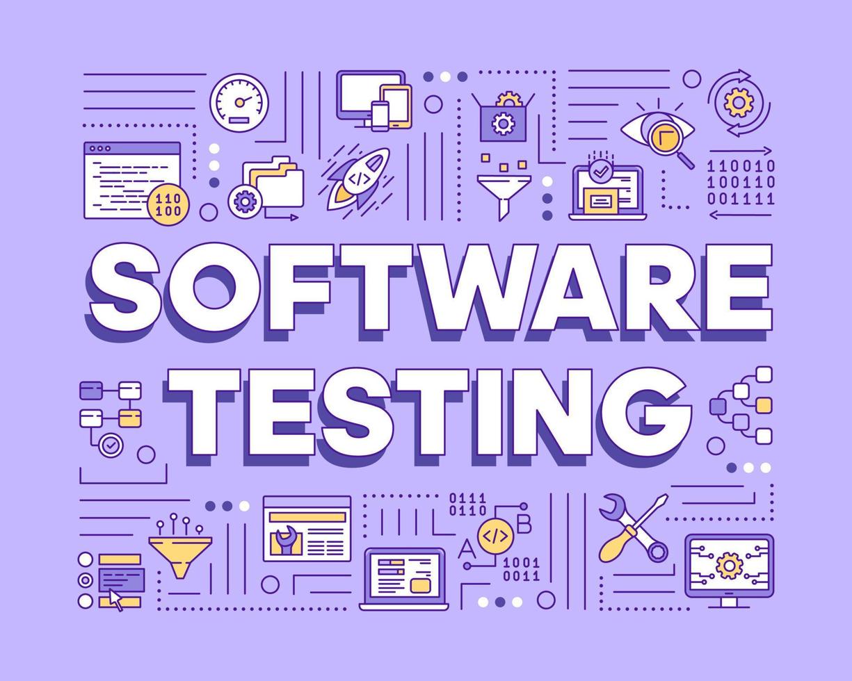 software testen violet woord concepten banner. computerprogrammacomponent onderzoeken. fouten detecteren. presentatie, website. geïsoleerde belettering typografie idee met lineaire pictogrammen. vector overzicht illustratie