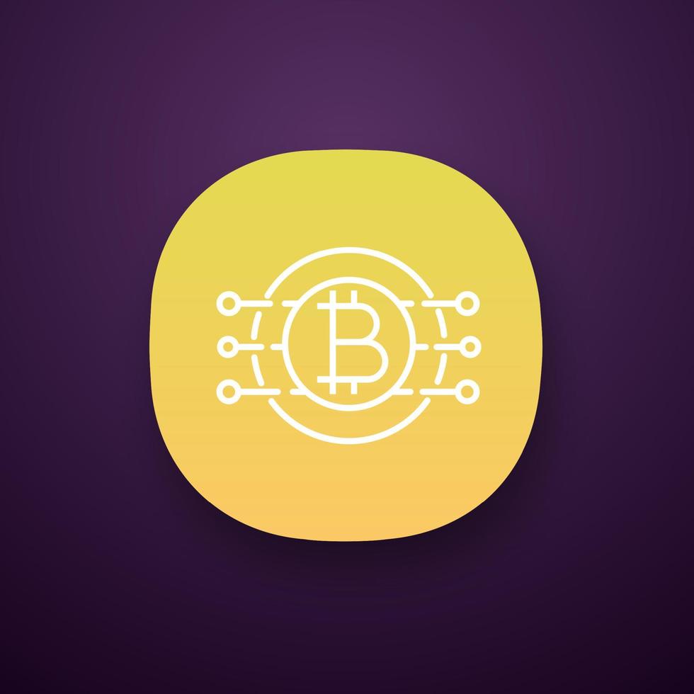 bitcoin-app-pictogram. virtuele valuta. online bankieren. bitcoin betaling. contour symbool. microchippaden met munt erin. ui ux-gebruikersinterface. web- of mobiele applicatie. vector geïsoleerde illustratie