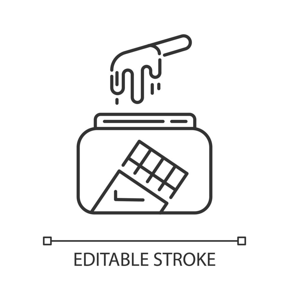 chocolade waxen lineaire pictogram. natuurlijke zachte koude was in pot met spatel. apparatuur voor het verwijderen van lichaamshaar. dunne lijn illustratie. contour symbool. vector geïsoleerde overzichtstekening. bewerkbare streek