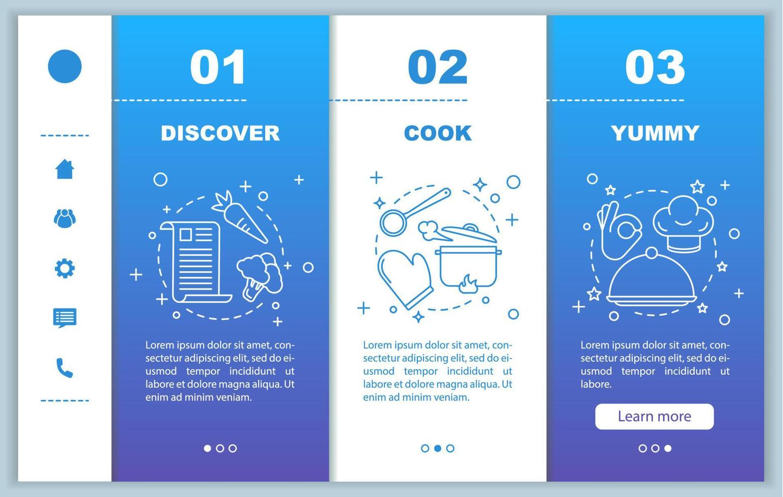 koken voedsel onboarding mobiele webpagina's vector sjabloon. ontdek recepten, maaltijdbereiding, lekker. responsief smartphone-website-interface-idee met illustraties. webpagina walkthrough stap schermen