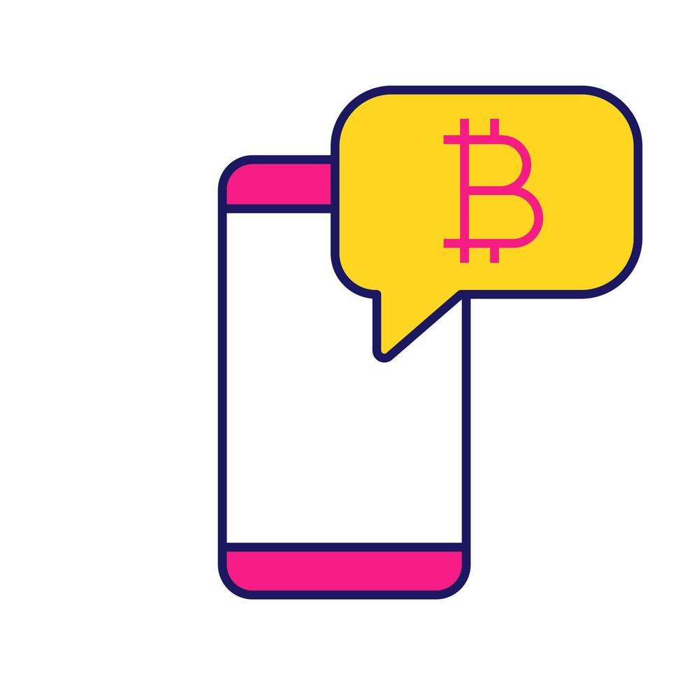 bitcoin chat kleur icoon. cryptocurrency-forum. smartphone met bitcoin-teken in tekstballon. crypto-valuta nieuwsmelding. geïsoleerde vectorillustratie vector