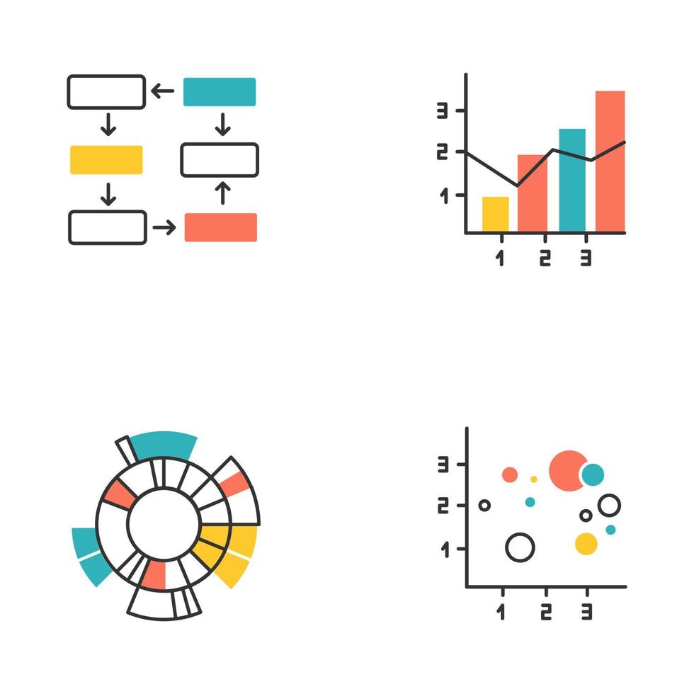 grafiek en grafiek gekleurde pictogrammen instellen. dataverbinding en bedrading. processtappen, voortgangsfasen. gemengde grafiek. zonnestraal radiaal diagram. spreidingsballongrafiek. bedrijf. geïsoleerde vectorillustraties vector