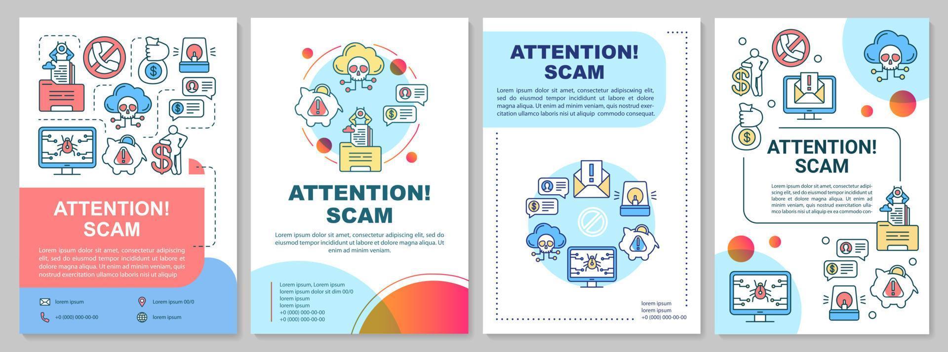 aandacht scam brochure sjabloon. fraudewaarschuwingsflyer, boekje, folder, omslagontwerp met lineaire illustraties. informatie stelen. internetcriminaliteit. vectorpaginalay-outs voor tijdschriften, reclameposters vector