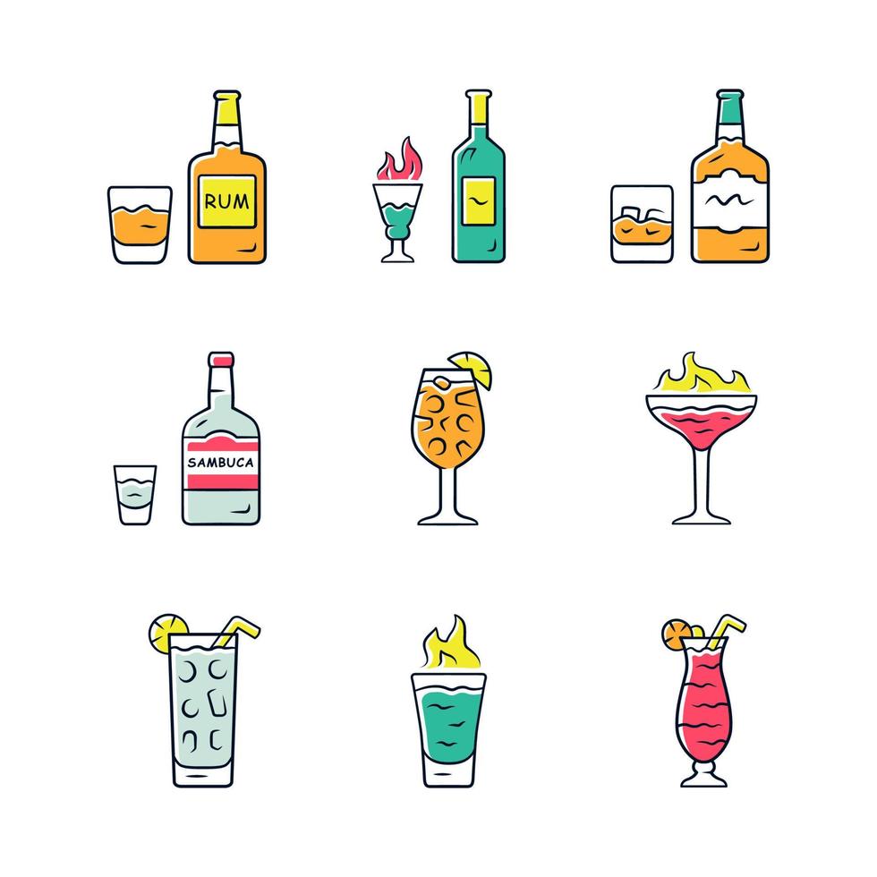 drankjes kleur pictogrammen instellen. rum, absint, whisky, sambuca, sangria, vlammende cocktail en shot, orkaanglas, longdrinkglas. alcoholische dranken voor feest. geïsoleerde vectorillustraties vector