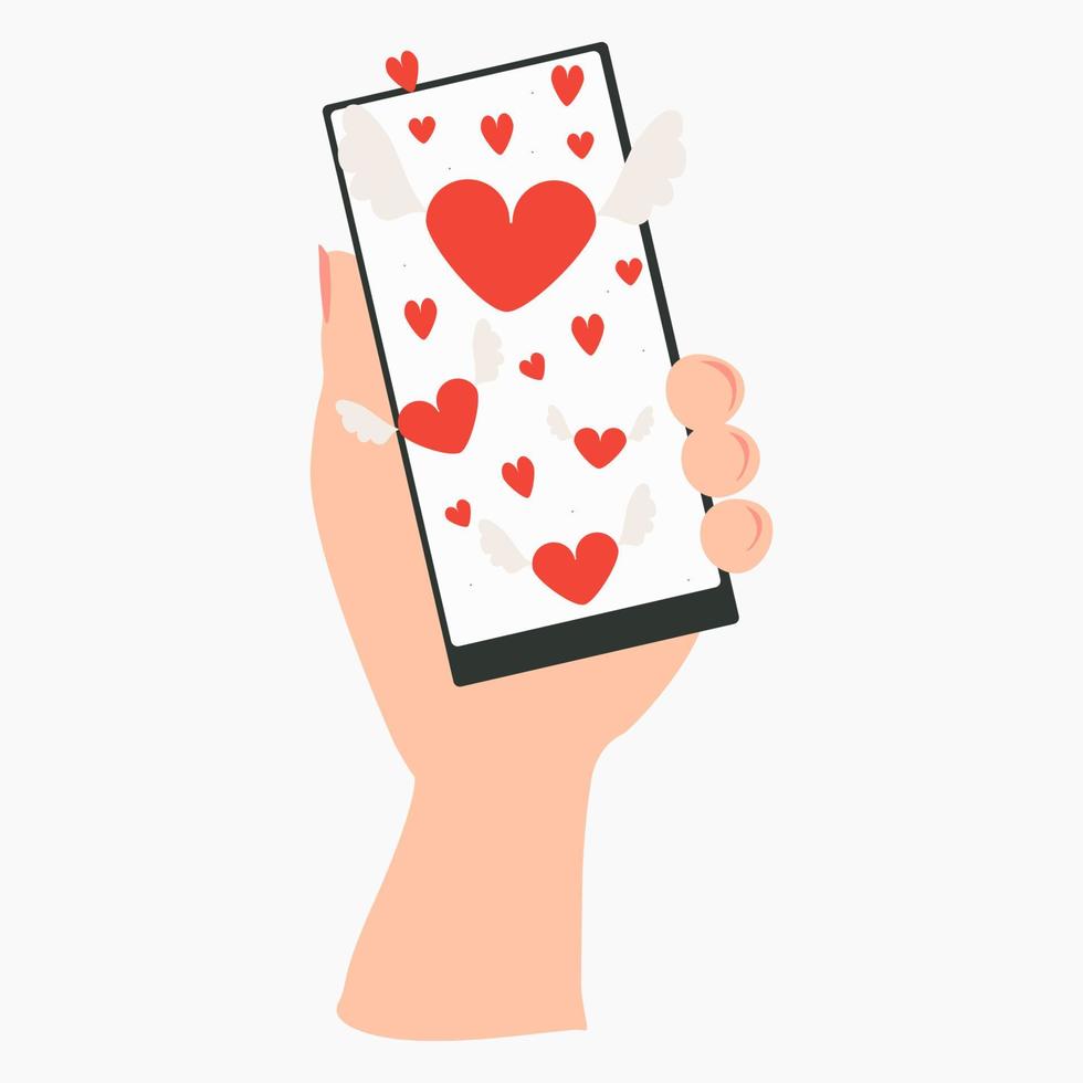 het verzenden van liefde bericht concept. hand met telefoon met hart. vectorillustratie. vector