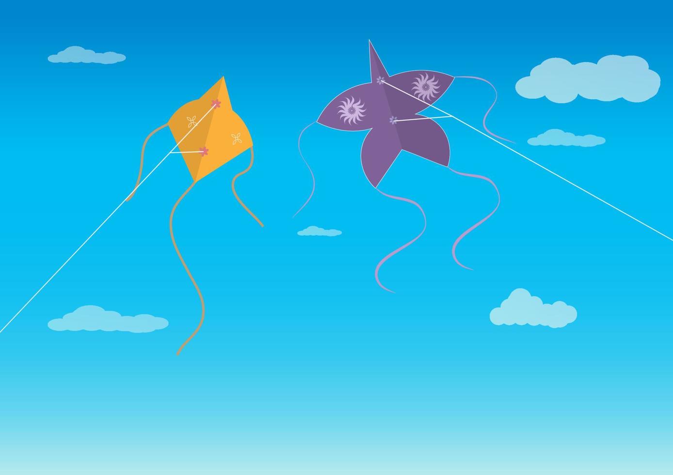 vliegers vliegen in de lucht in de vorm van puffers en sterren. hobby's en amusement. vector platte cartoon afbeelding.