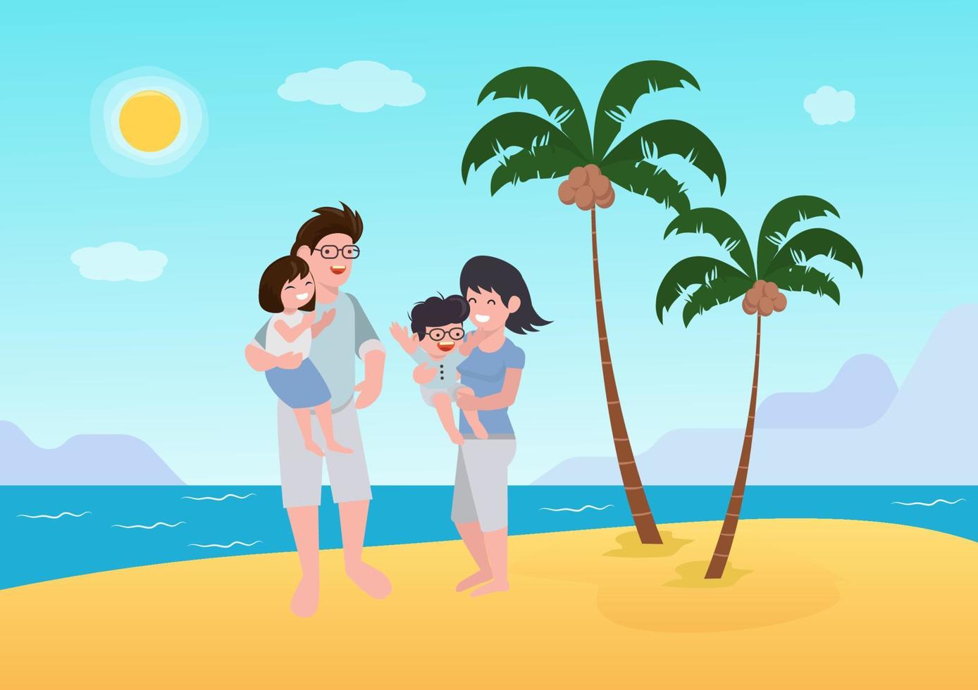 gelukkig gezin met twee kinderen geniet van zomervakantie aan zee. zomer reizen en vrije tijd op zee strand. vector platte cartoon afbeelding.