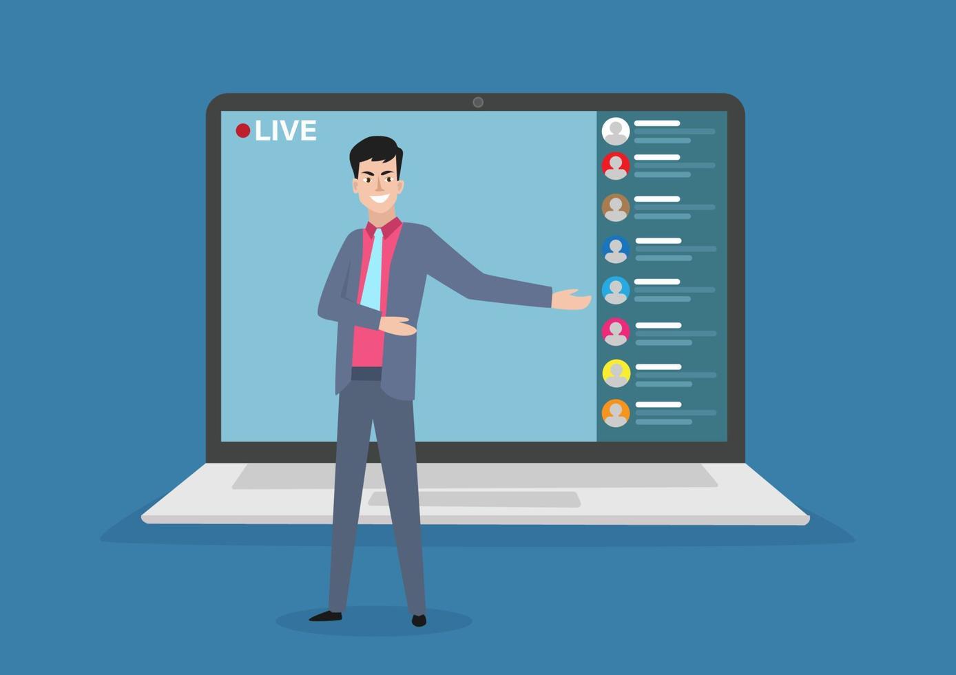 live streaming evenementen zakenman toont voor een laptop camera externe evenementen, thuis blijven, zakelijke presentaties, videostreaming videoconferenties en online communicatie vector