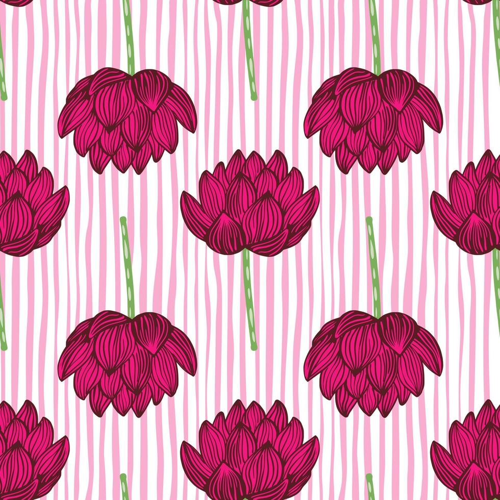 bloei naadloos decoratief patroon met felroze lotusbloemen elementen ornament. gestreepte lichte achtergrond. vector