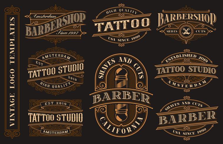 Grote bundel vintage logosjablonen voor de tattoo studio en de kapperszaak vector