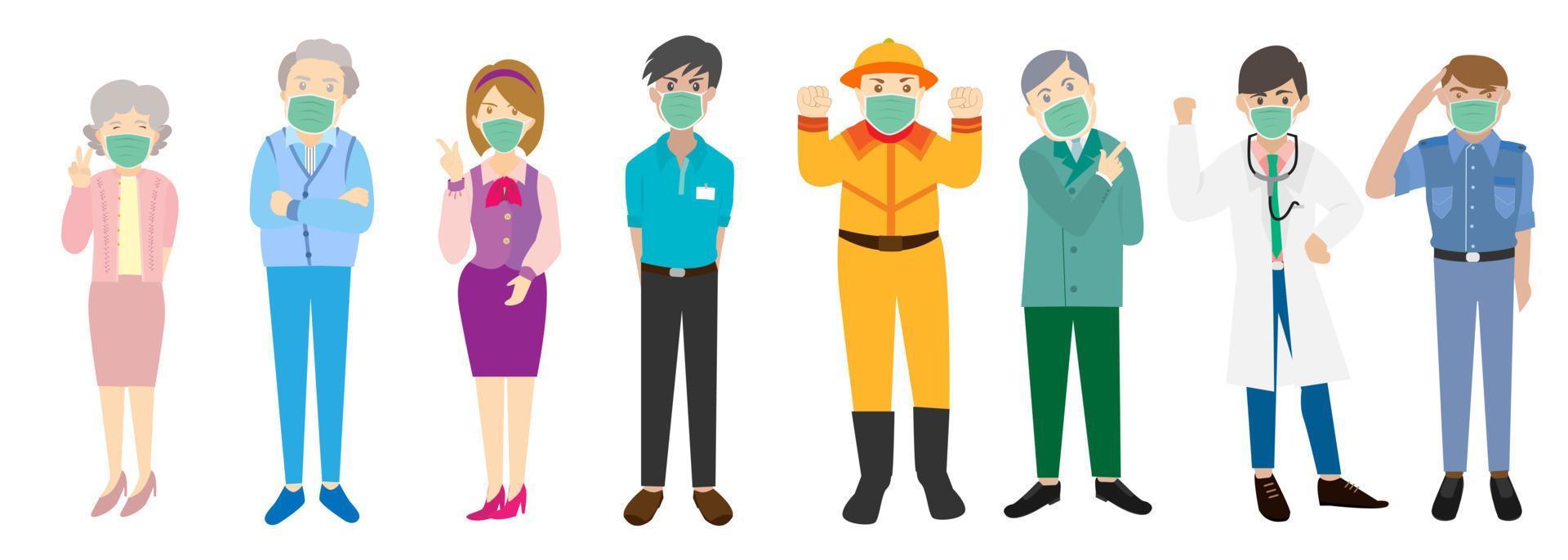 vectorillustratie van mensen van verschillende beroepen en leeftijden die maskers dragen om te beschermen tegen het coronavirus, griep, luchtvervuiling. vector