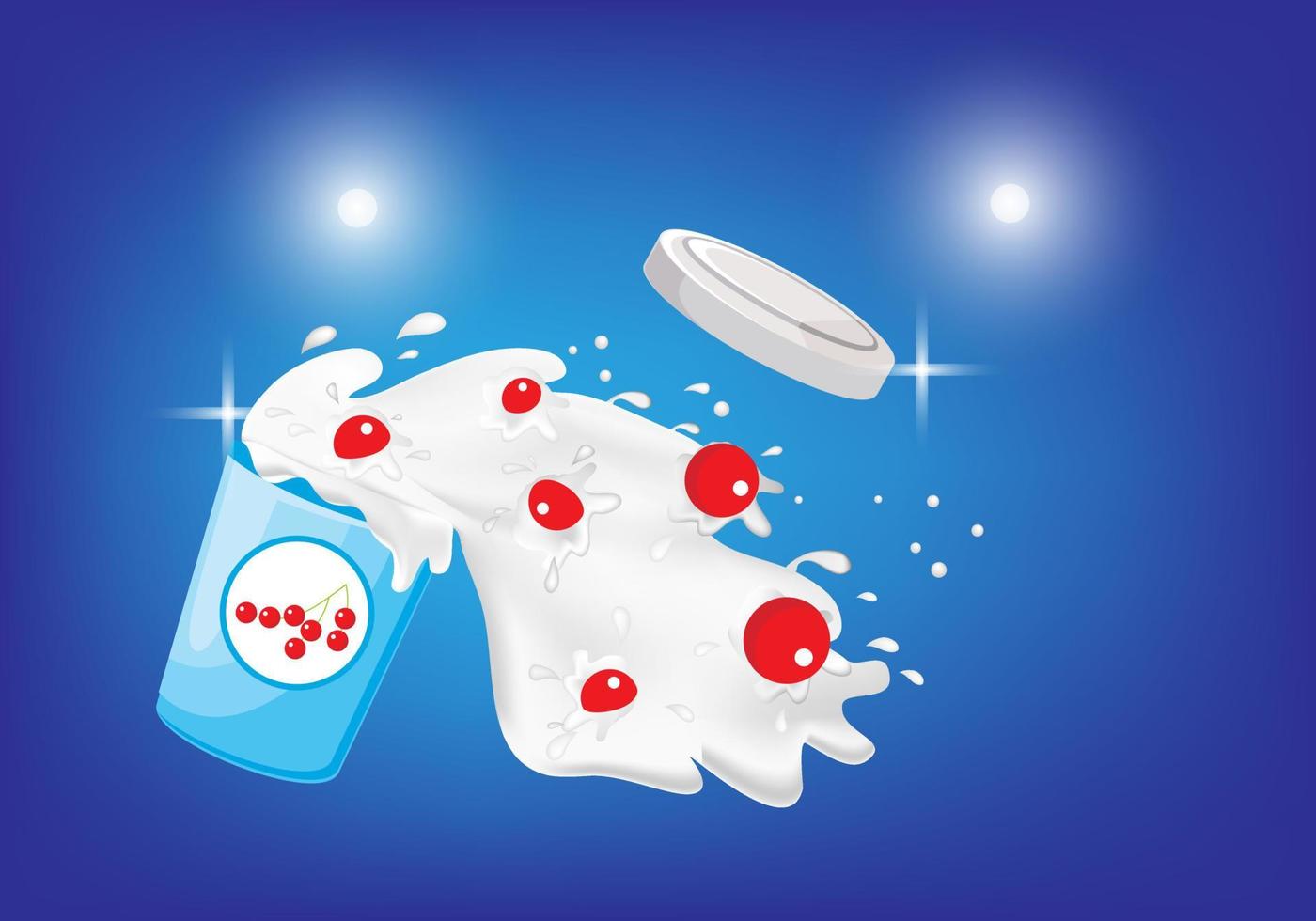 verspreid melk uit yoghurt beker met rode kersen, merchandising concept vectorillustratie. vector