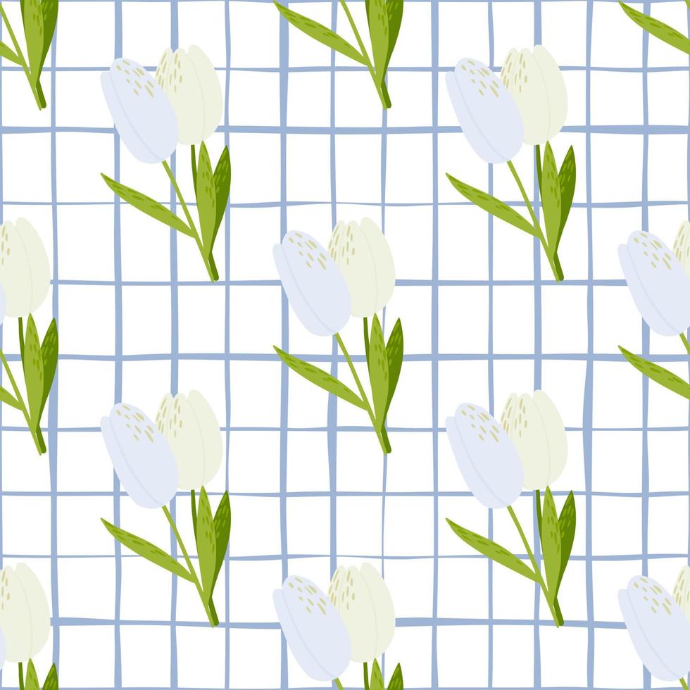 lente naadloos teder patroon met tulpen. bloem eenvoudige elementen met groene stengels op wit geruite achtergrond. vector