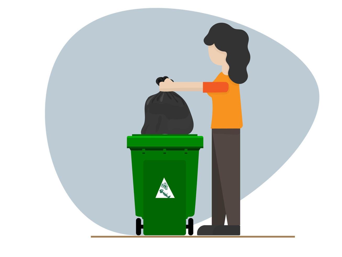 huisvrouw met een zwarte plastic vuilniszak om het in de vuilnisbak te gooien voor afvalverwerking vector