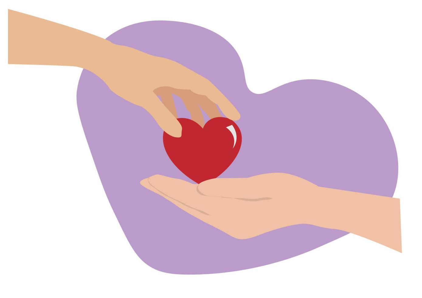 concept van liefde, zorg, delen, schenking van de mensheid door harten aan elkaar te geven. platte cartoon afbeelding. vector