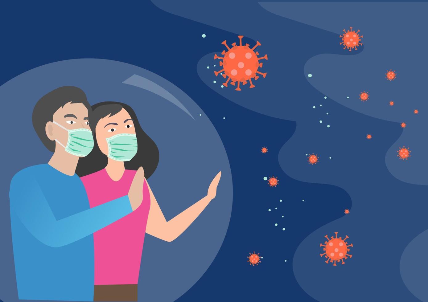mannen en vrouwen gebruiken gezichtsmaskers om hen te beschermen tegen het coronavirus. en stofrook van pm2.5. vlakke stijl cartoon afbeelding vector. vector