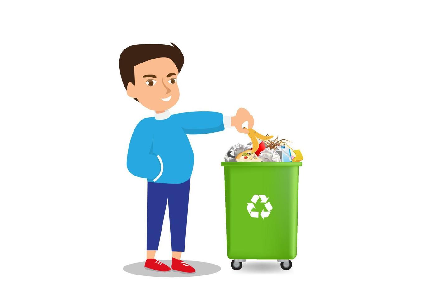 happy student vrijwilligerswerk verzamelt afval en plastic voor recycling. vlakke stijl cartoon illustratie vector