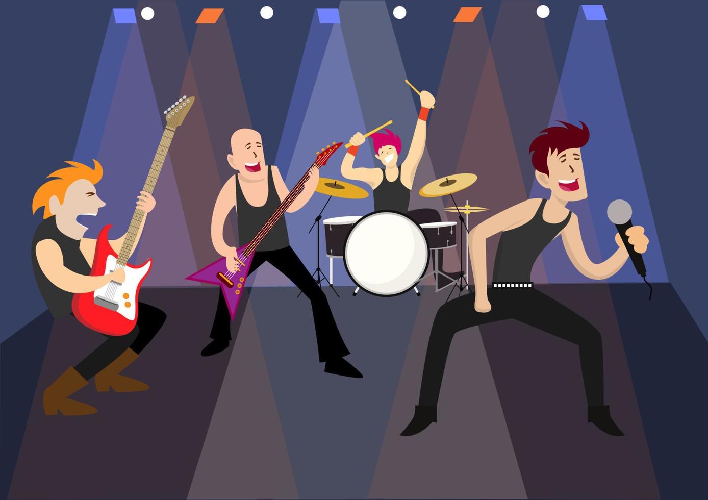klaar mannelijke zanger muzikanten, gitaren, drums en bas spelen samen leuke rock optredens. vector