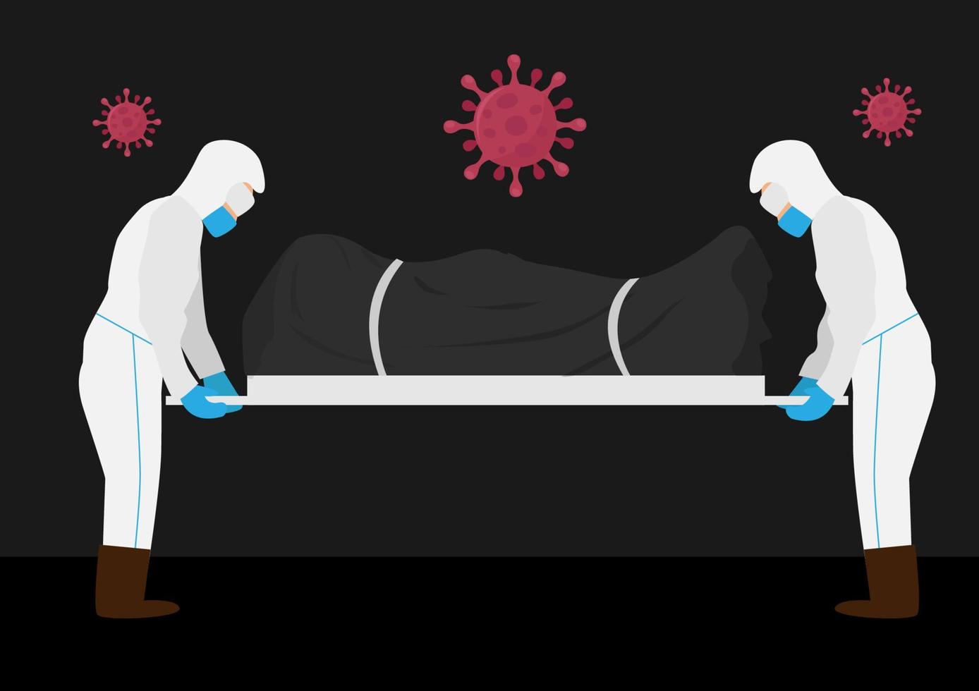 covid-19 veroorzaakt elke dag meer doden. personeel omhult lijk van coronavirus covid-19, vectorillustratie, cartoon in vlakke stijl vector