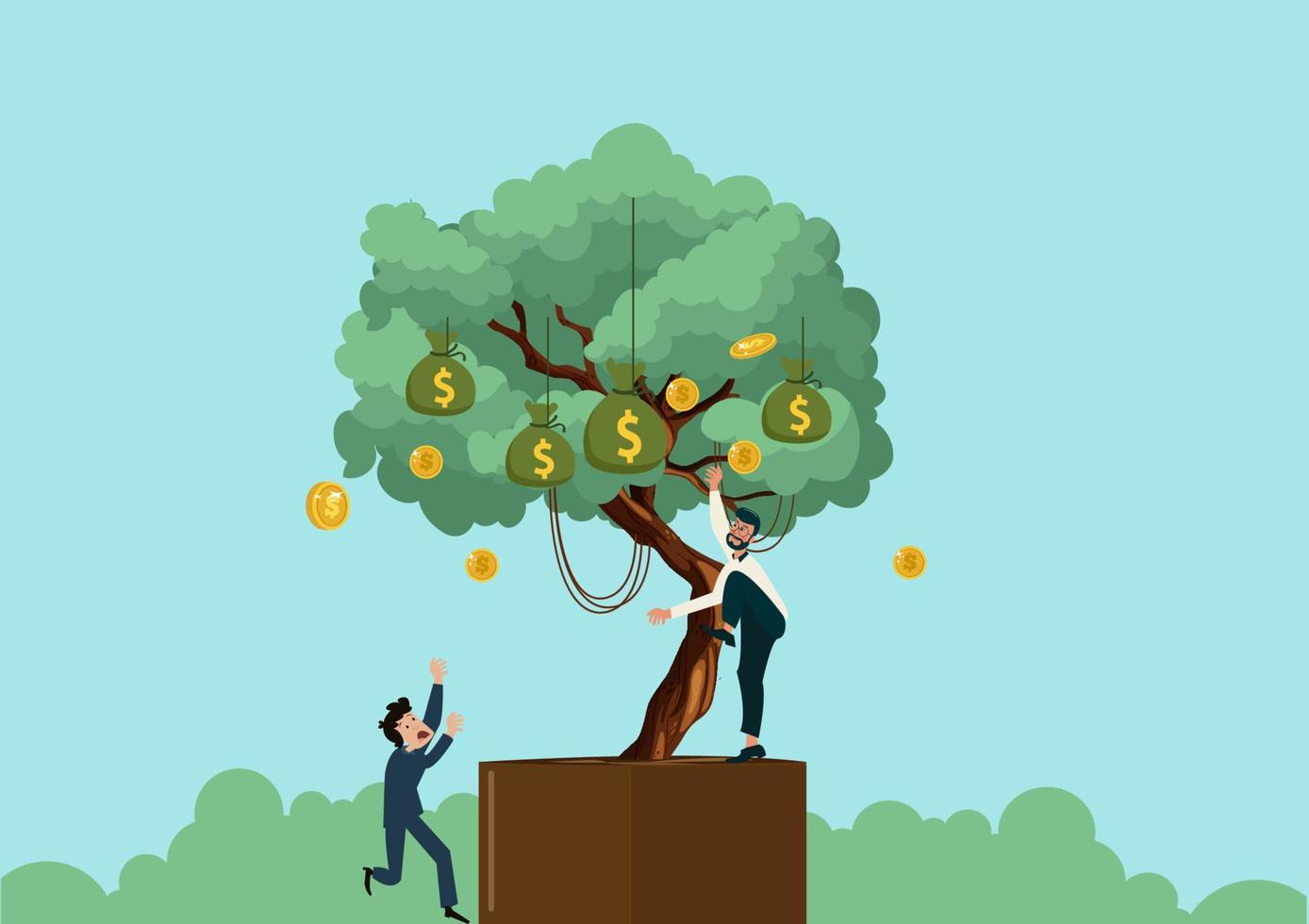 zakenlieden profiteren van goed uitgeruste middelen. vergelijk het beeld van bomen als een bron van geld dat met goede winst kan worden geïnvesteerd. vlakke stijl cartoon illustratie vector