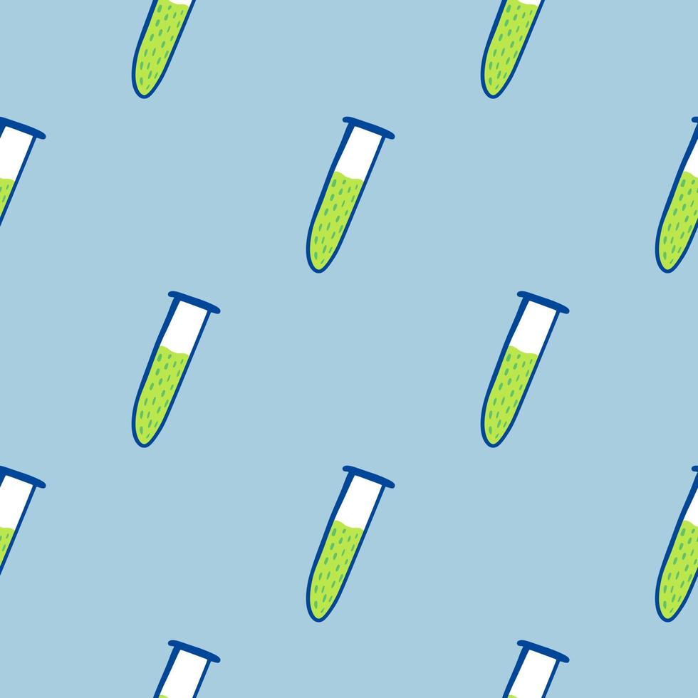minimalistisch naadloos wetenschapspatroon met silhouetten van groene glazen bol. blauwe achtergrond. experiment laboratorium achtergrond. vector