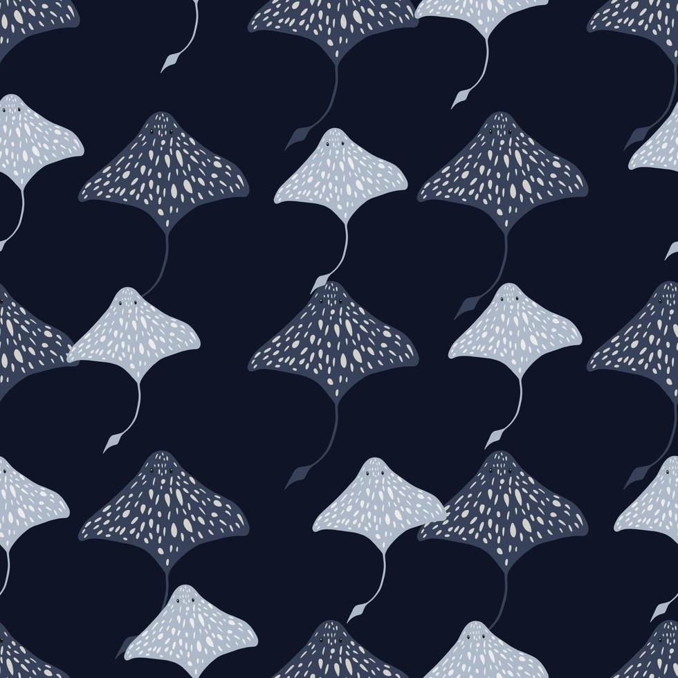 contrast naadloos patroon met doodle blauwe pijlstaartrog silhouetten print. zwarte achtergrond. natuur achtergrond. vector