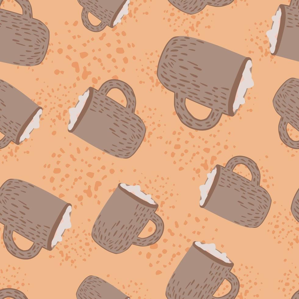 willekeurig naadloos cartoonpatroon met platte warme chocolademelk met marshmallow-silhouetten. beige achtergrond met spatten. vector