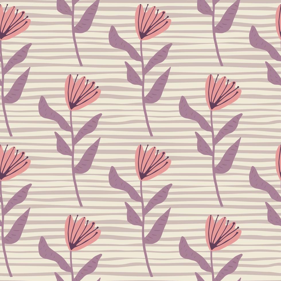 eenvoudig botanisch patroon met tulpfiguurornament. roze en lila tinten bloemen op gestripte pastel lichte achtergrond. vector