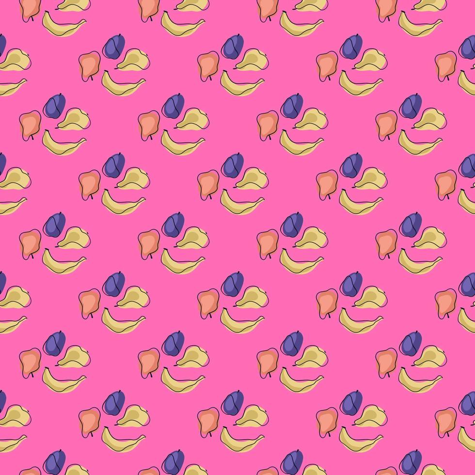 zomervoedsel naadloos patroon met doodle bananen, peren, pruimen en appels. roze heldere achtergrond. vector