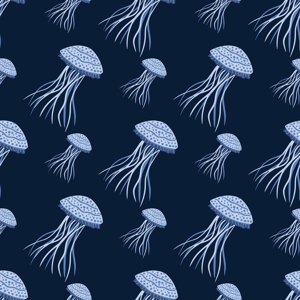 wildlife naadloze patroon met lichtblauwe zee kwallen cijfers. exotische dieren op donkere marineblauwe achtergrond. vector