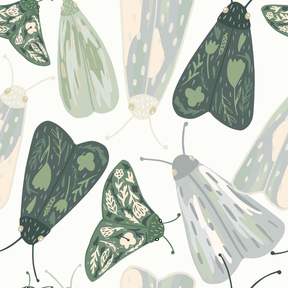 geïsoleerde mollen silhouetten naadloze doodle patroon. pastel blauwe en groene tinten insect ornament op witte achtergrond. vector