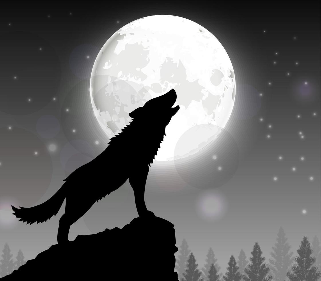 silhouet van een wolf die 's nachts op een heuvel staat met maan vector
