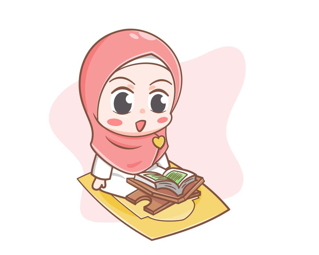 schattig moslimmeisje dat koran leest in ramadan cartoonillustratie vector