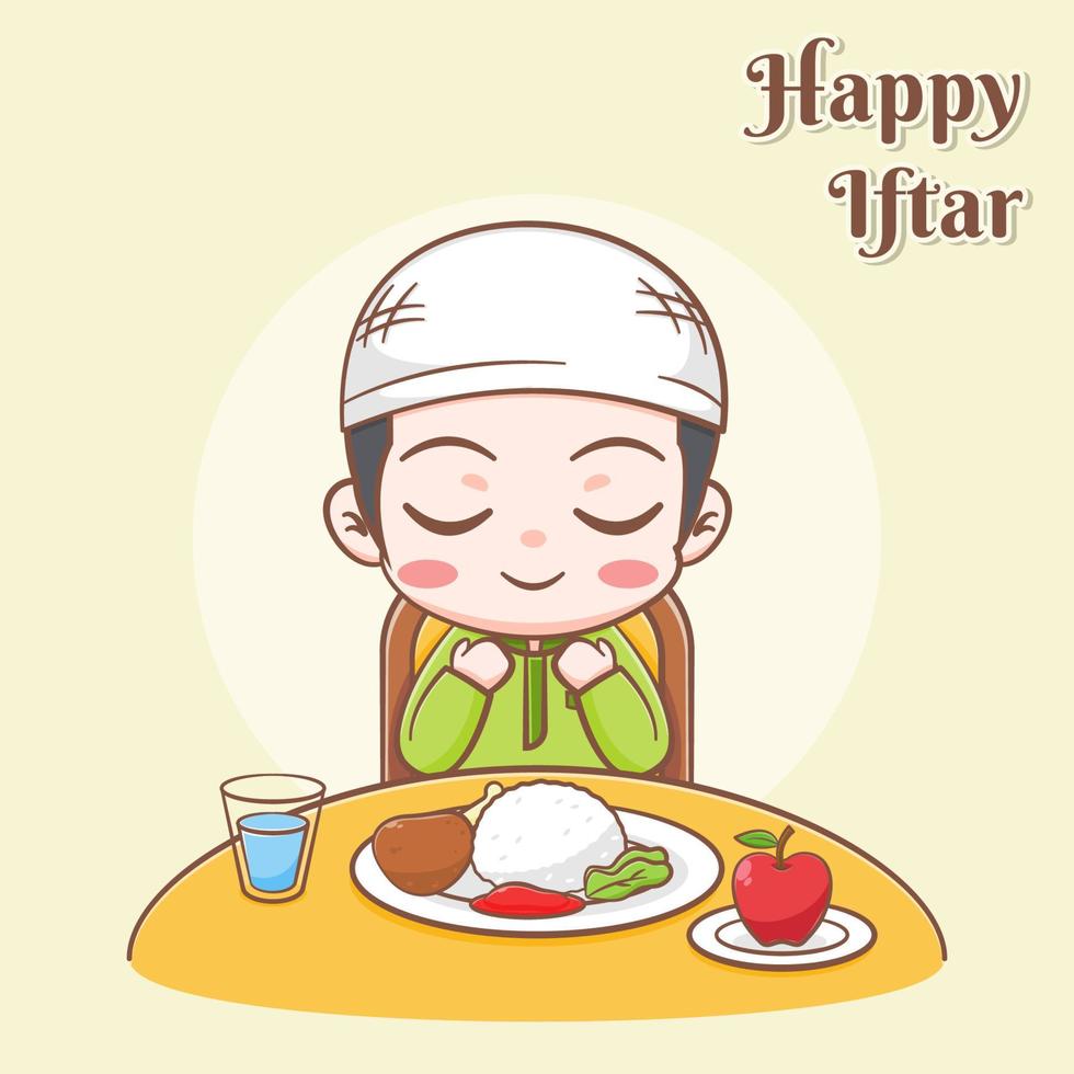 gelukkige iftar-wenskaart met een schattige jongen die bidt voor het hebben van maaltijden cartoon afbeelding vector