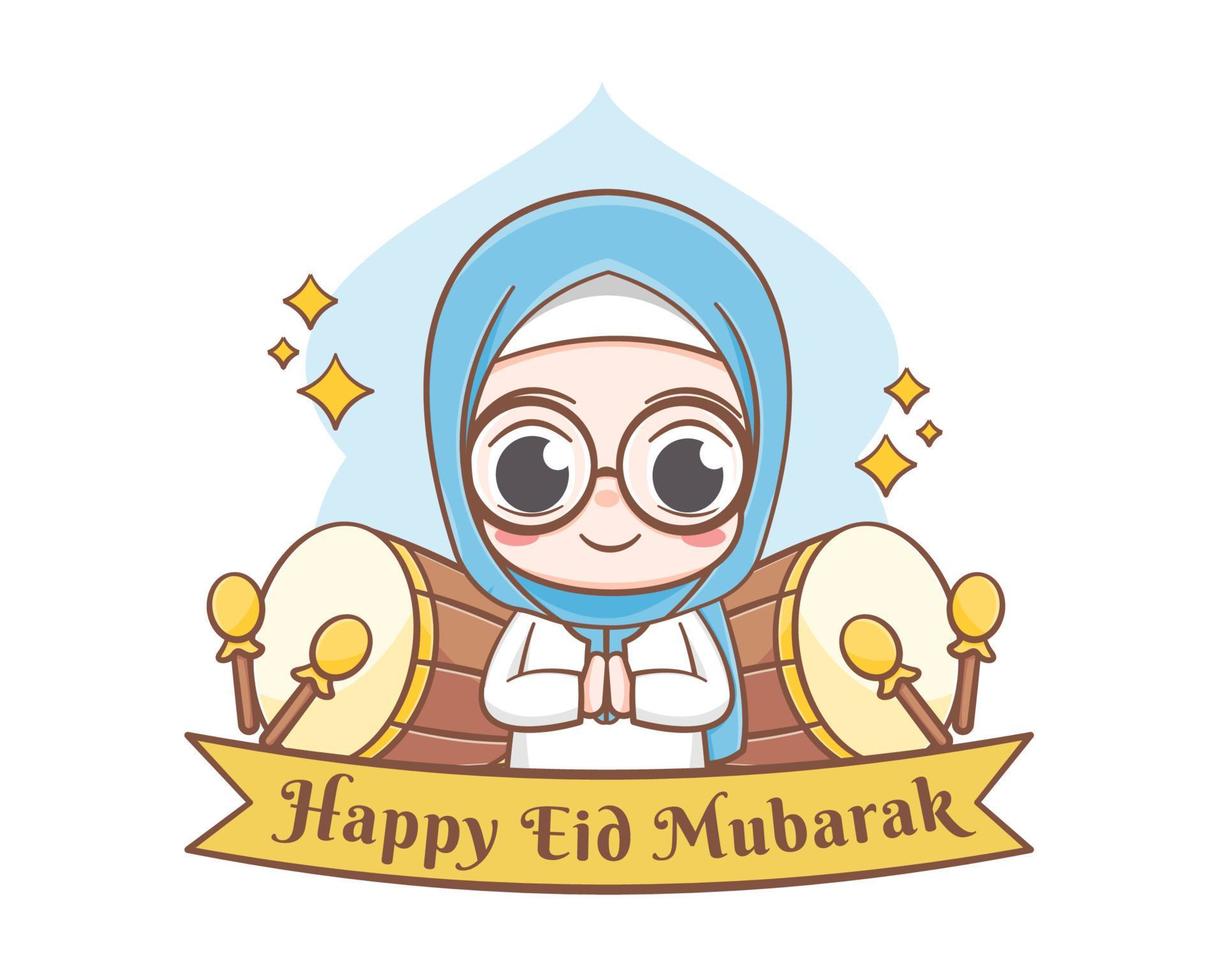eid mubarak wenskaart met schattige moslim meisje cartoon afbeelding vector
