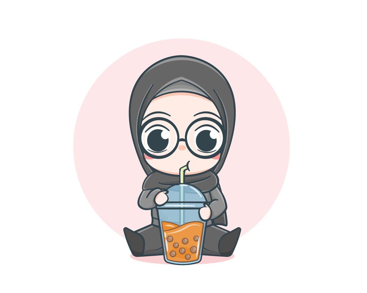 schattige moslim meisje trui met drinken bubble tea cartoon afbeelding vector