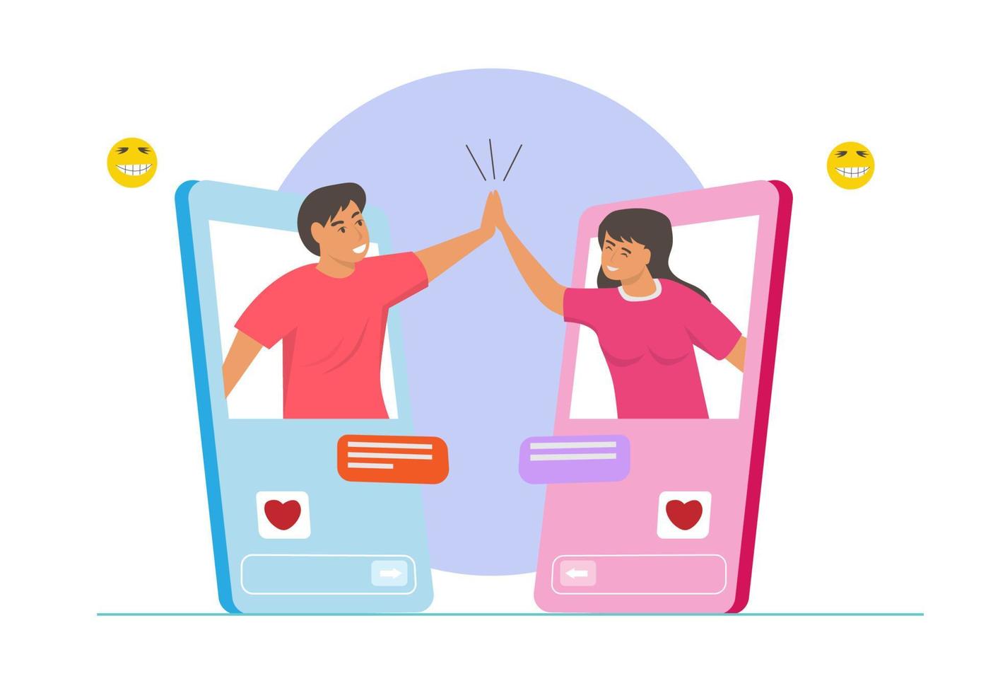 videochat op een mobiele telefoon van twee vrienden op hun smartphones in chat, messenger, onlinevergadering en telecommunicatie voor mensen. vlakke stijl cartoon illustratie vector