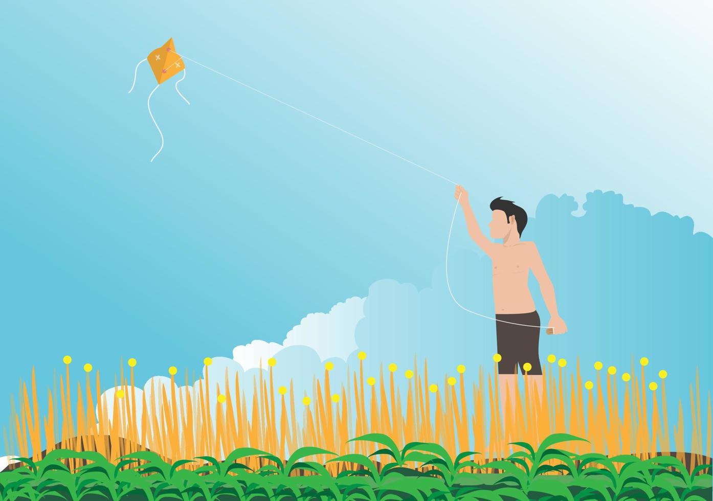 de jongen neemt zijn vlieger de lucht in en speelt in de zomer met de wind. vector platte cartoon afbeelding.