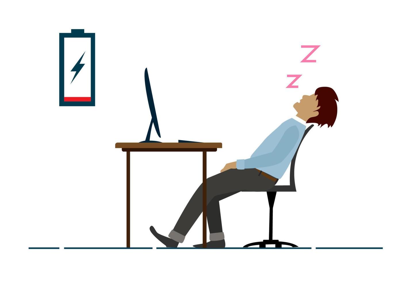 de uitgeputte mannelijke werknemer slaapt op het bureau op kantoor. vector