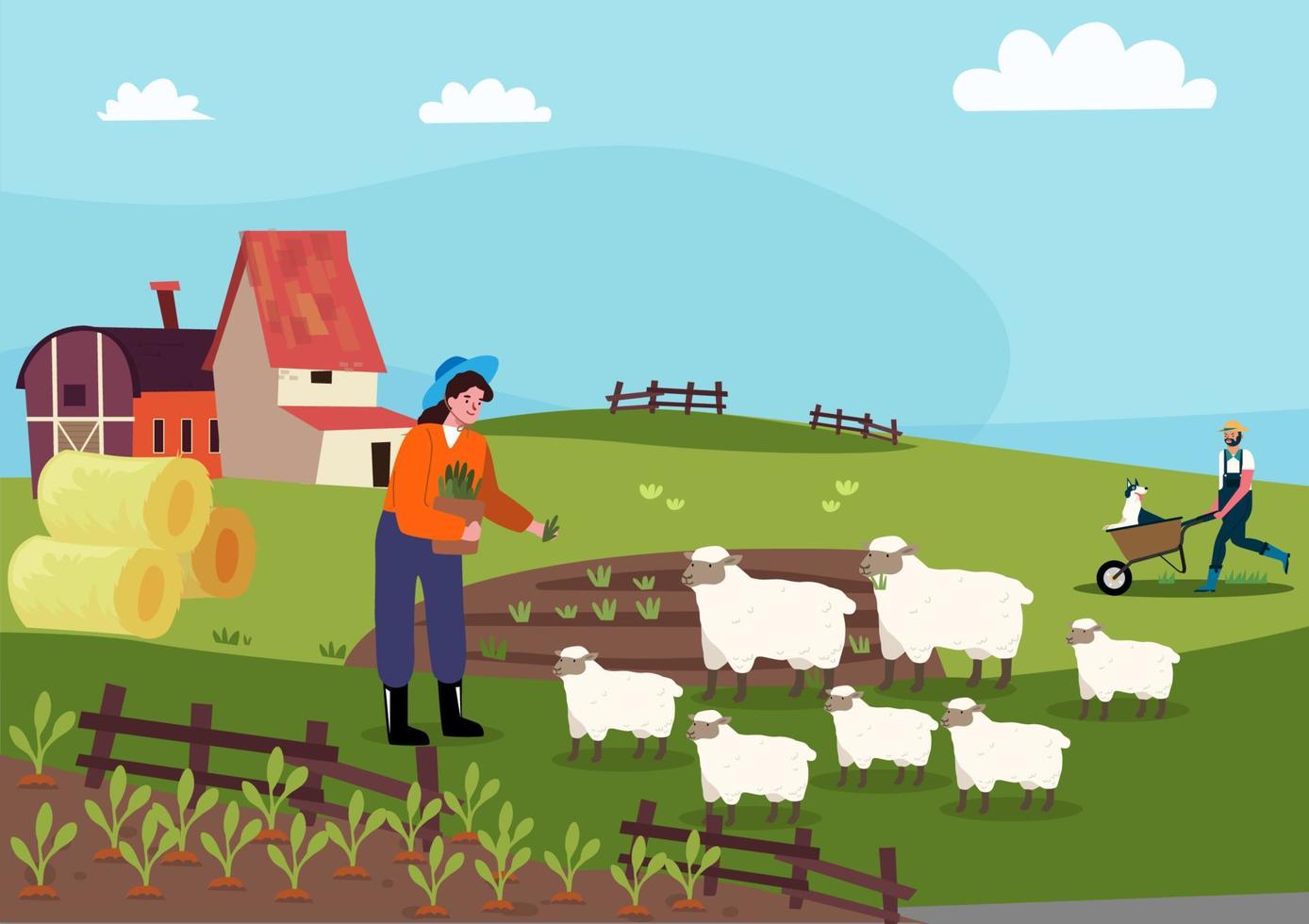 het meisje bracht de schapen om gras te eten. de man glimlachte en nam de hond mee om de witte schapen te achtervolgen voor de fokkerij. eco-landbouwconcept, concept, landbouwgrond, landelijk, landschap, plat, vector