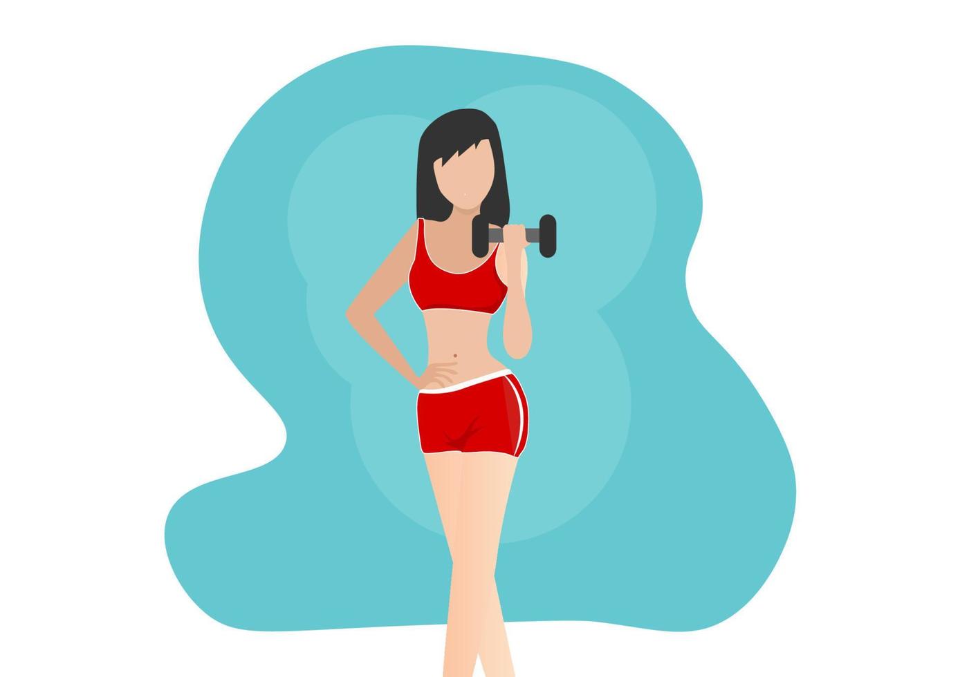 vrouw doet oefening met sportuitrusting om te oefenen met gewichtheffen metalen halter gezonde levensstijl vector illustratie cartoon karakter plat ontwerp