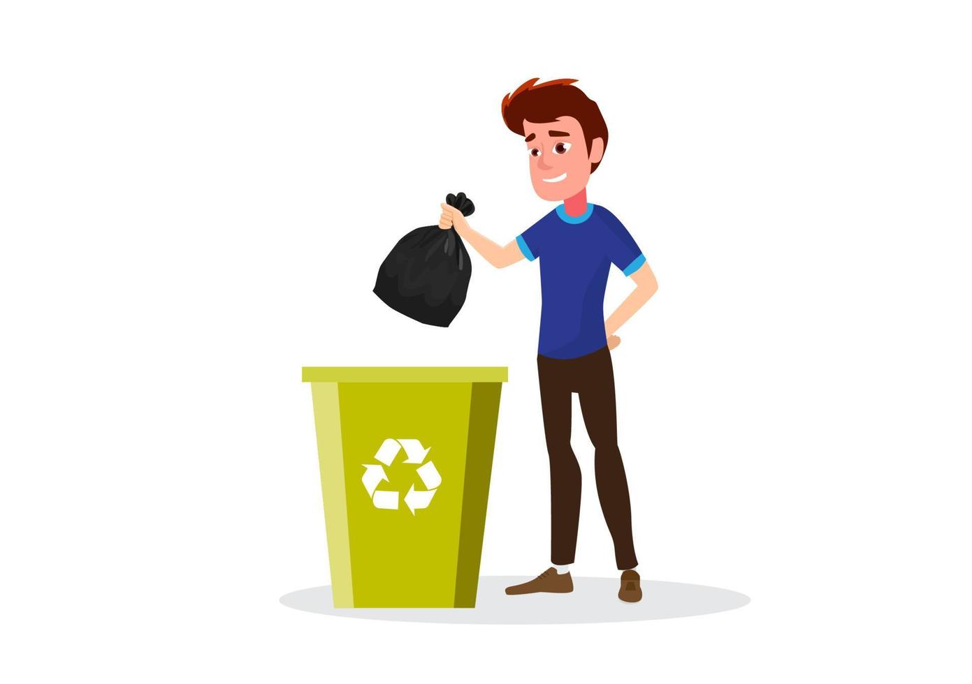 jonge man gooien vuilnis in zwarte plastic zakken in de hand geïsoleerd op een witte achtergrond. zwarte plastic zak prullenbak voor afvalverwijdering vuilniszak pictogram gerecycleerde vuilniszak vuilnis illustratie vector