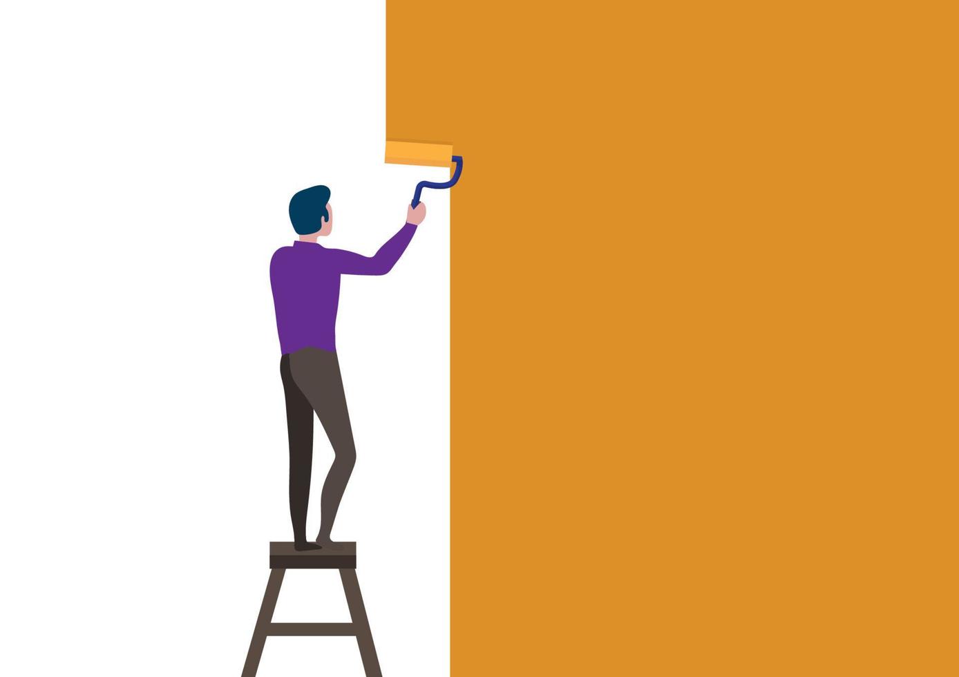 man met een roller met de hand geïsoleerd op een achtergrond geschilderd oranje muur. verfservice. kunstenaar schildert. vlakke stijl ontwerp vector illustratie renovatie concept